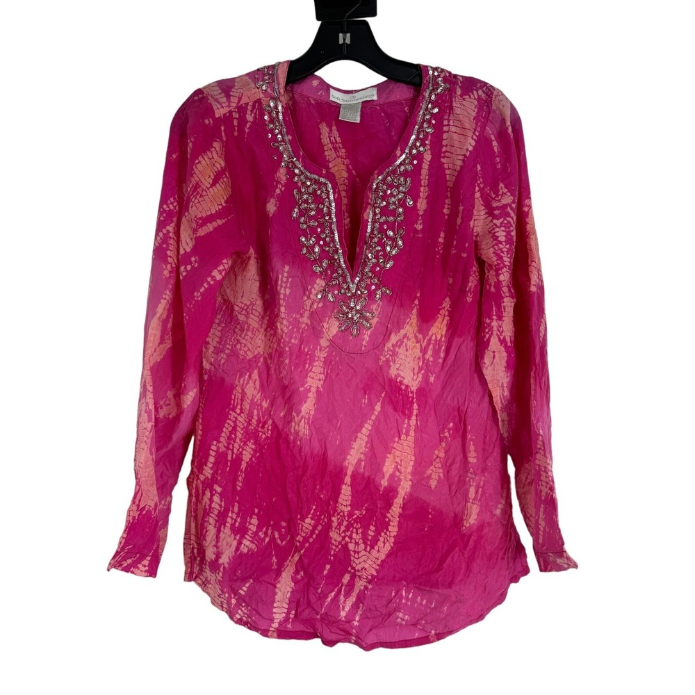 Soft Surroundings Womens Pink Silk Tunic Top Sequin Rhinestone V-Neck Boho Small